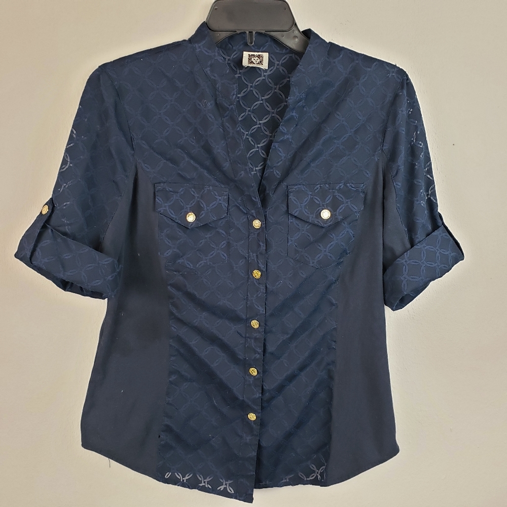 Anne Klein Navy Blue Button Up Blouse Gold Buttons M
